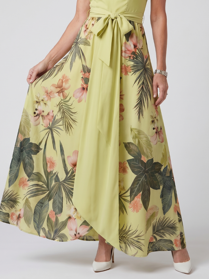 MEADOW | DRAPED HALTER BOTANICAL PANEL MAXI DRESS