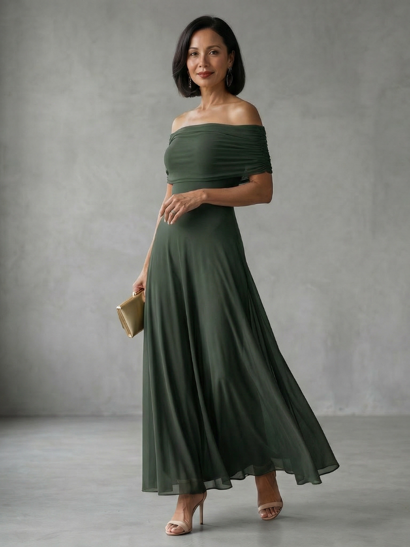 JUNE | OFF SHOULDER DRAPED MIDI DRESS