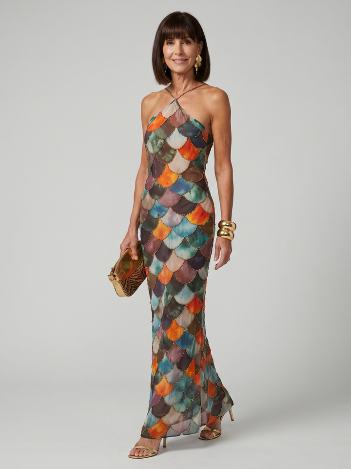 LARKIN | FITTED MULTICOLOR SCALE PATTERN MAXI DRESS