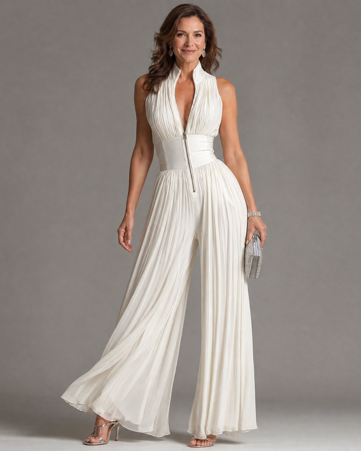ZAKIRA | PLEATED HALTER NECK WIDE LEG JUMPSUIT