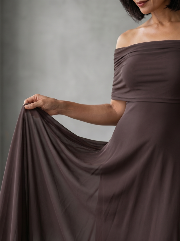JUNE | OFF SHOULDER DRAPED MIDI DRESS