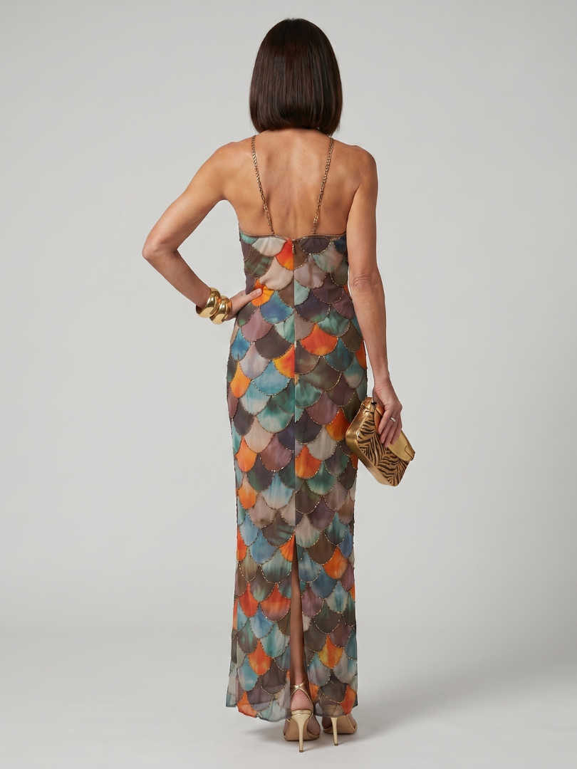 LARKIN | FITTED MULTICOLOR SCALE PATTERN MAXI DRESS