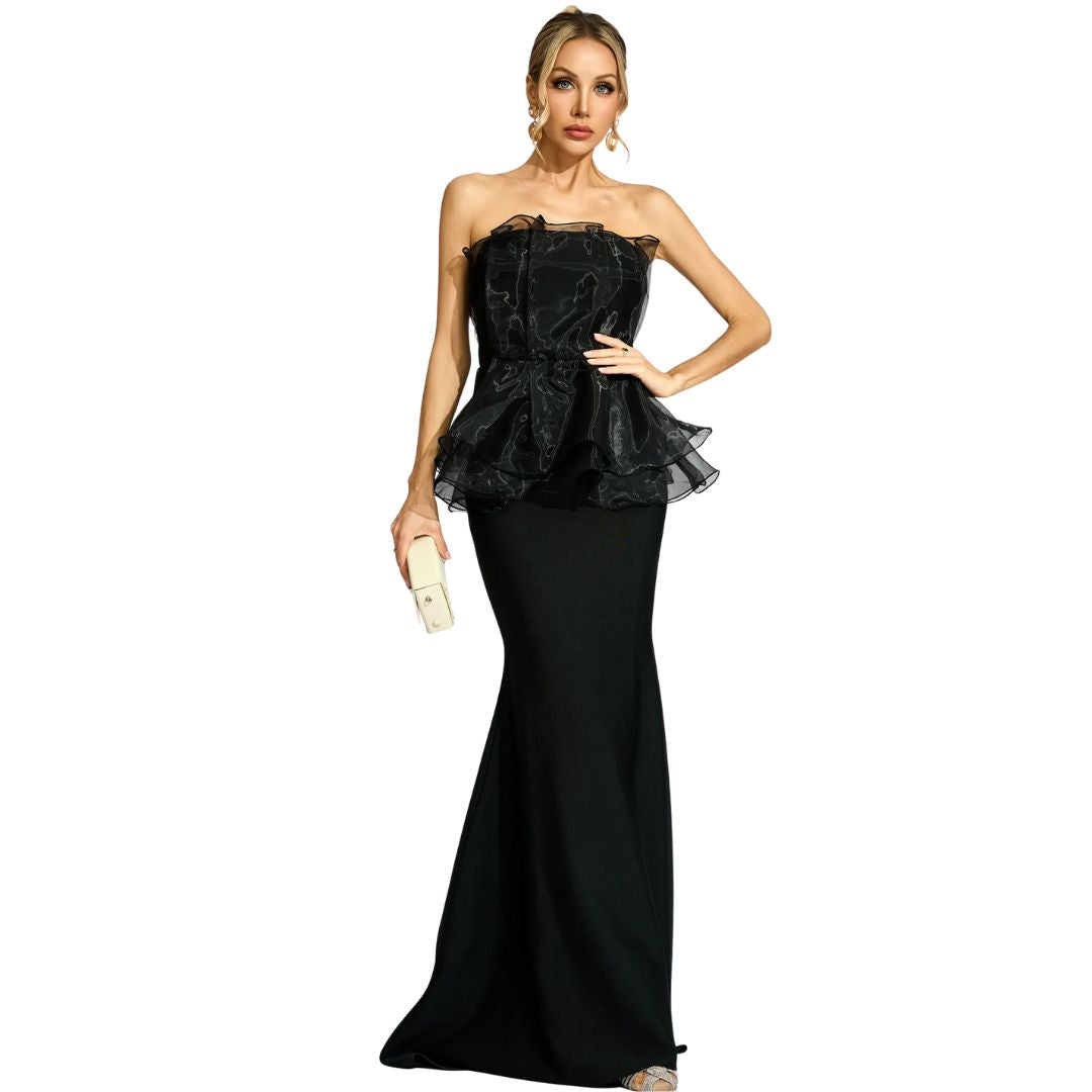 GLORIA | BLACK PEPLUM EVENING MAXI DRESS