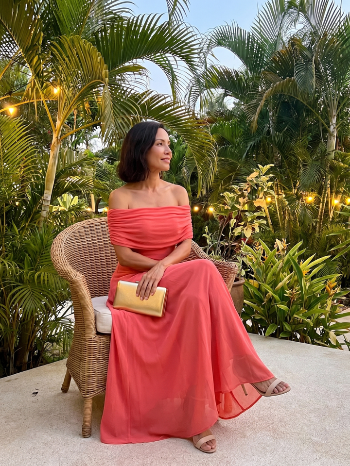 JUNE | OFF SHOULDER DRAPED MIDI DRESS