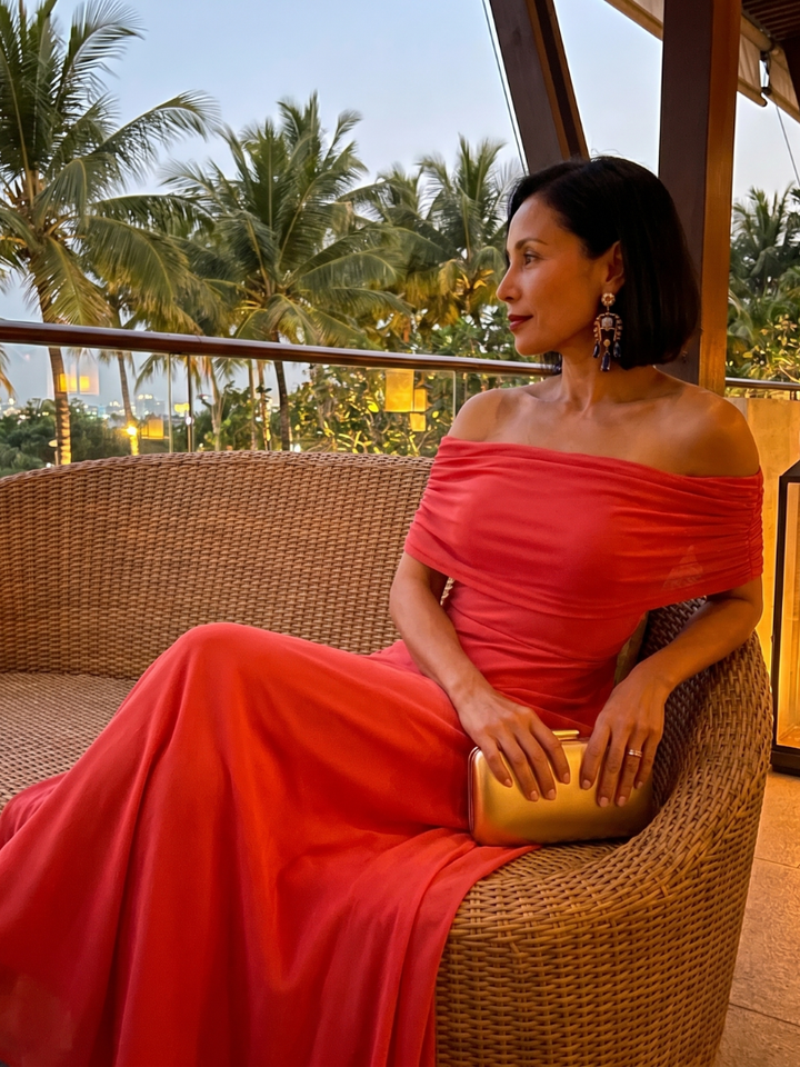 JUNE | OFF SHOULDER DRAPED MIDI DRESS