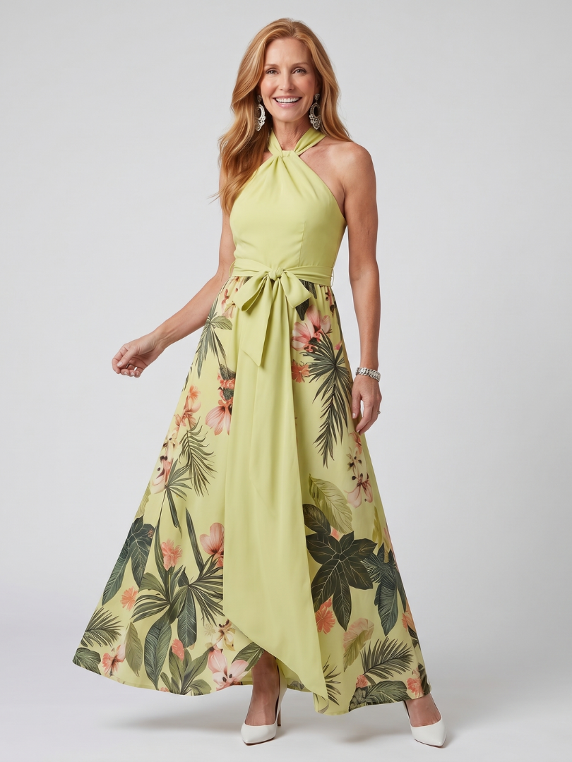 MEADOW | DRAPED HALTER BOTANICAL PANEL MAXI DRESS