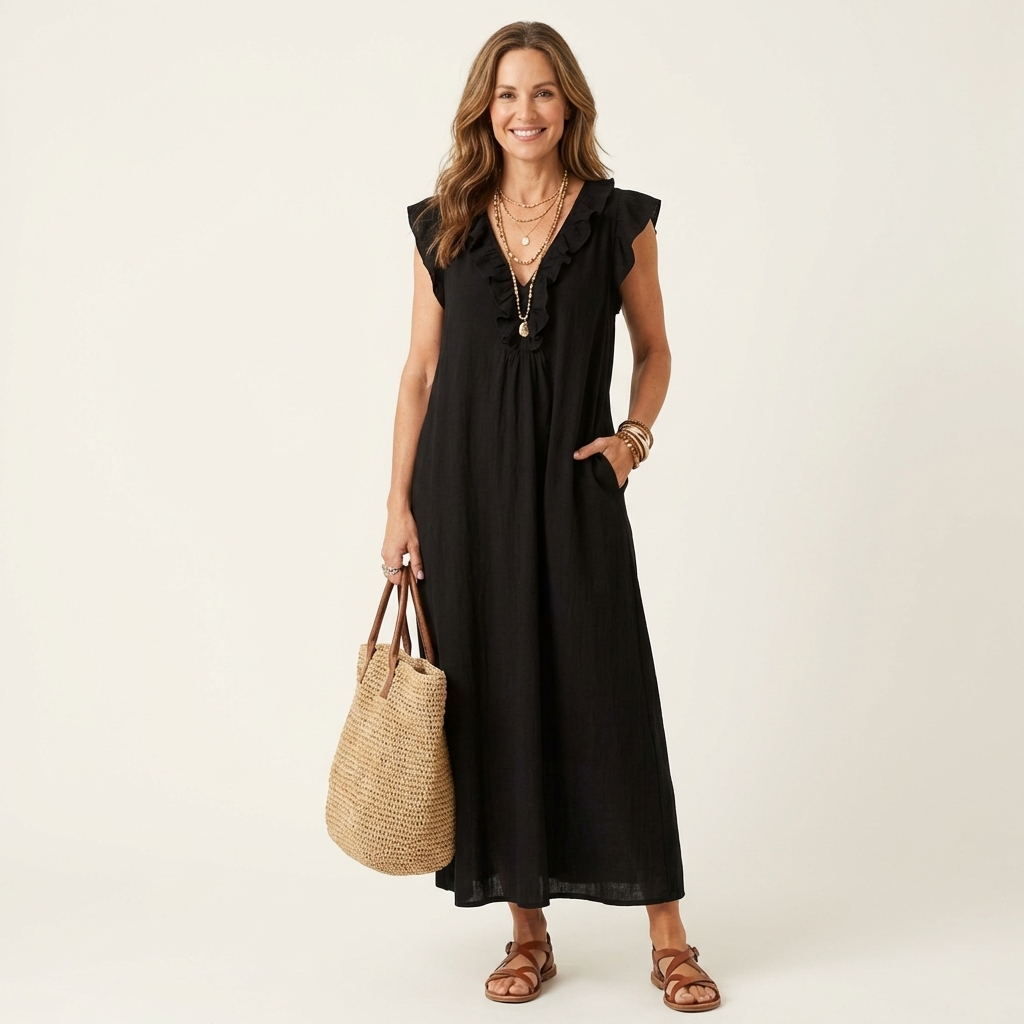 JOSETTE | RUFFLE V-NECK  MAXI DRESS