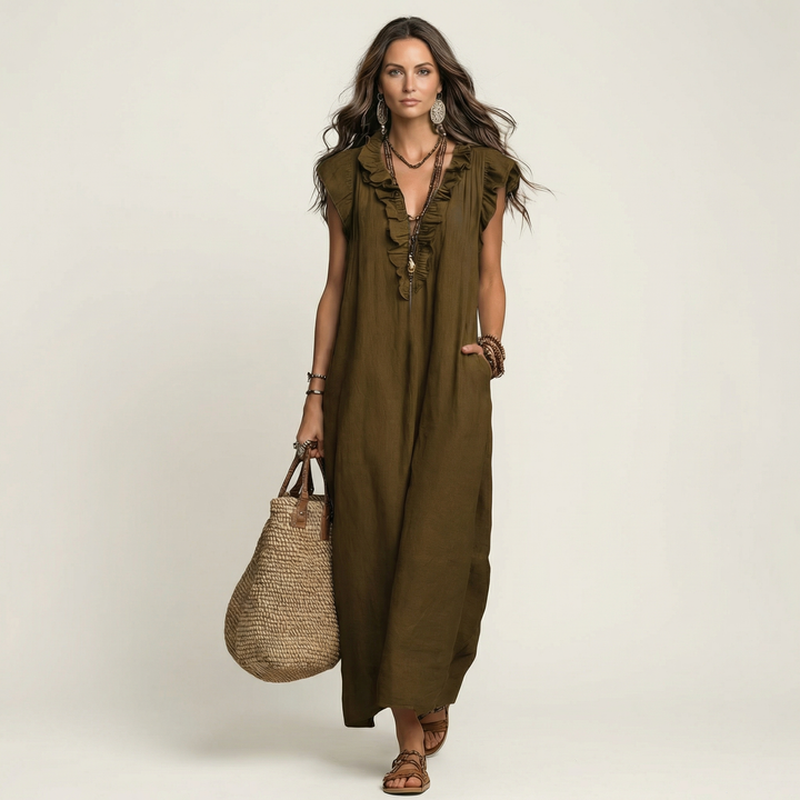 JOSETTE | RUFFLE V-NECK  MAXI DRESS